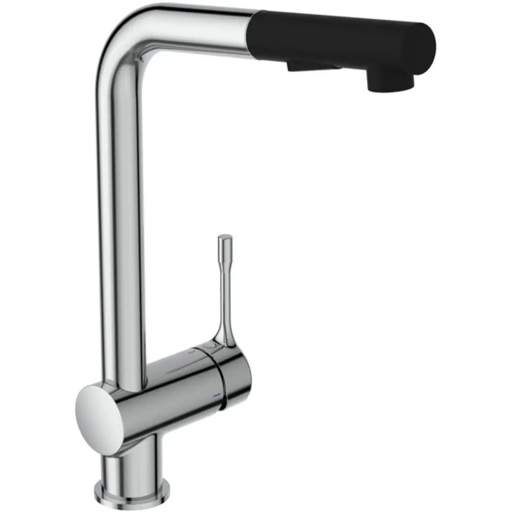 Küchenarmatur aus Chrom von Ideal Standard mit hohem Auslauf und schwarzem Griff, ausgelegt für die Montage in modernen Küchen.